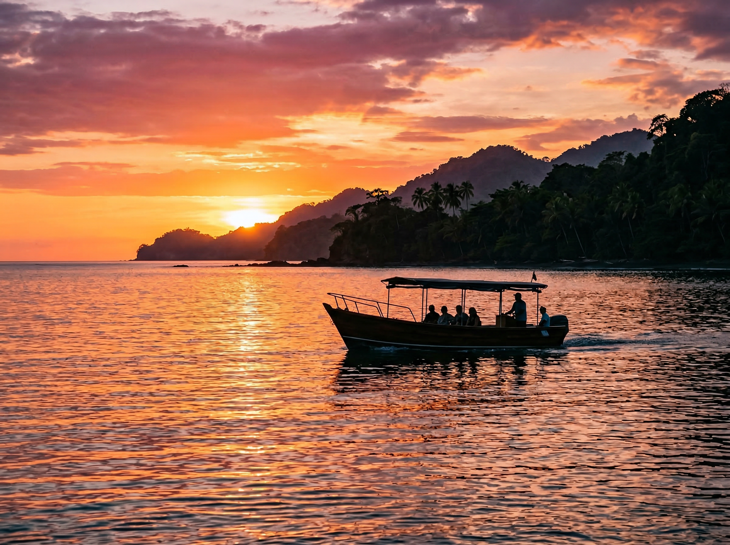 Tour boat cruising at golden sunset on the Pacific coast, Costa Rica