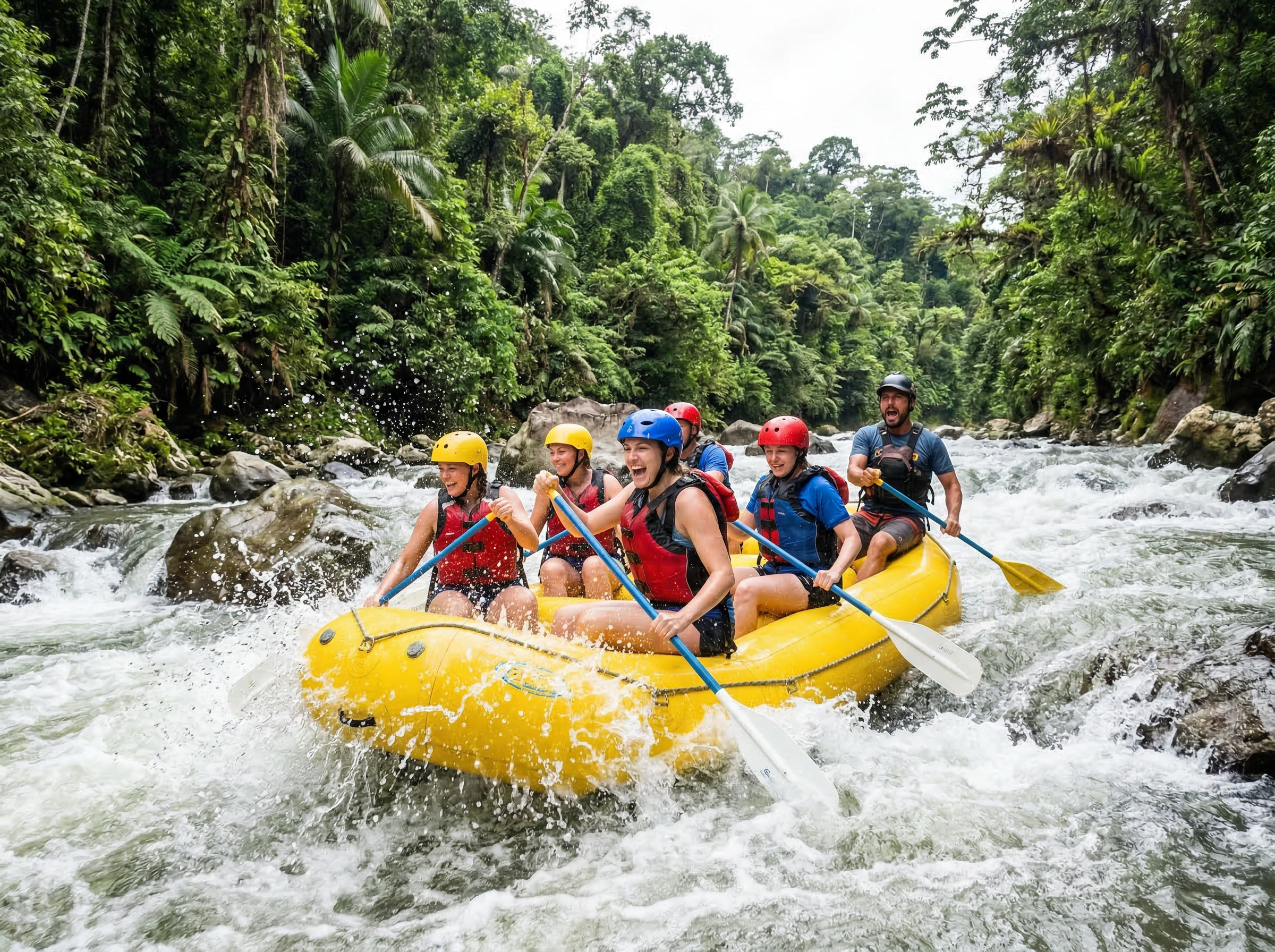 Group white water rafting through jungle rapids in Costa Rica